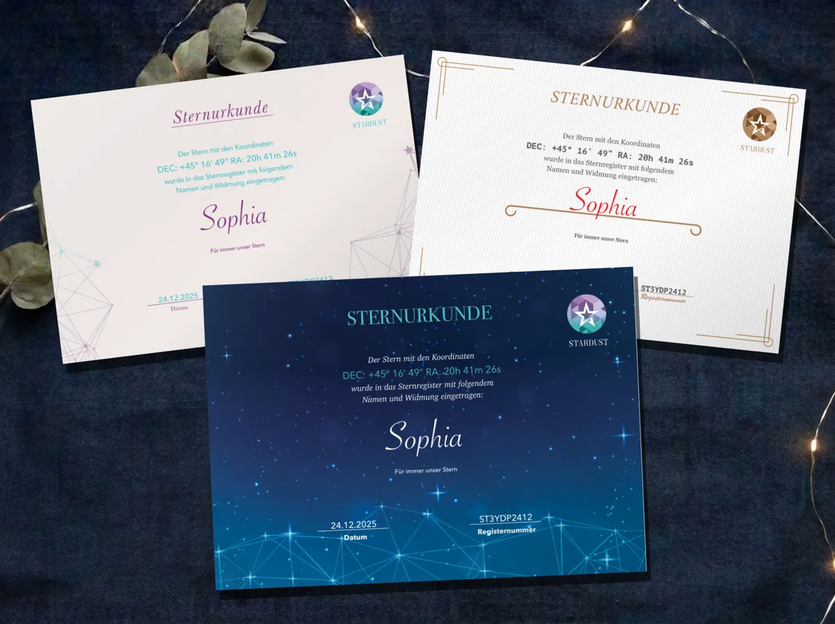 Die drei Urkunden-Designs Stardust, Modern und Klassisch
